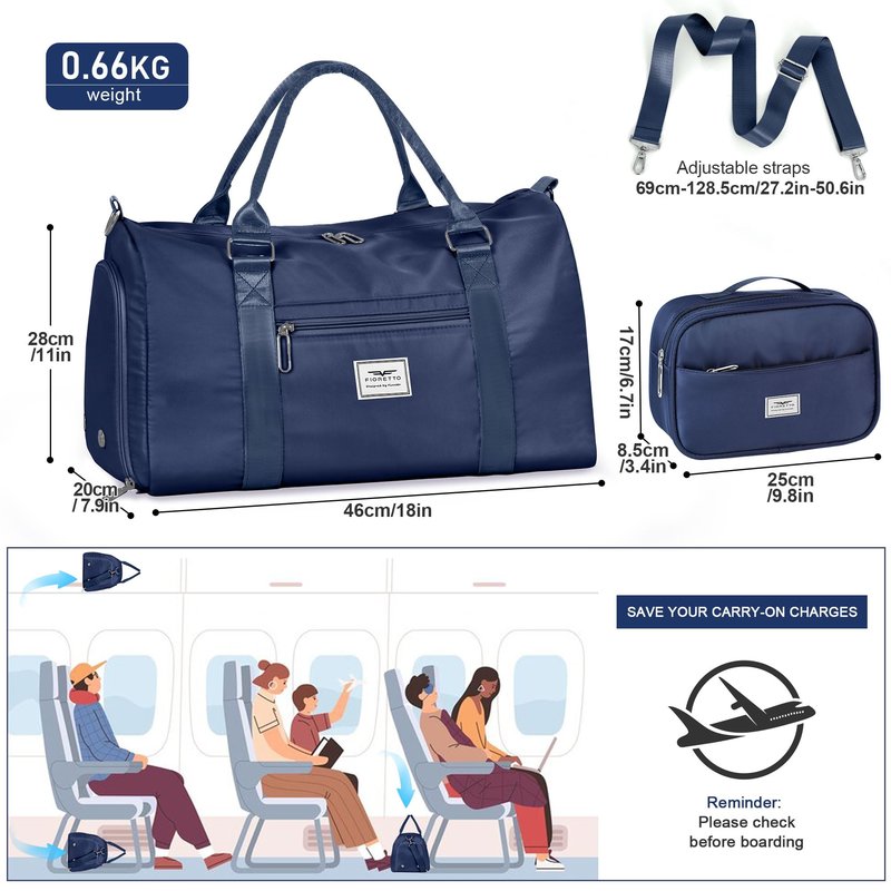 FIORETTO Womens Gym Tote Duffle Bag with Toiletry Bag, Sports Duffel Overnight Hospital Workout Carry on Bag for Girls with Wet Pocket & Shoe Compartment, Ideal for Travel, Swimming, Dance Navy Blue