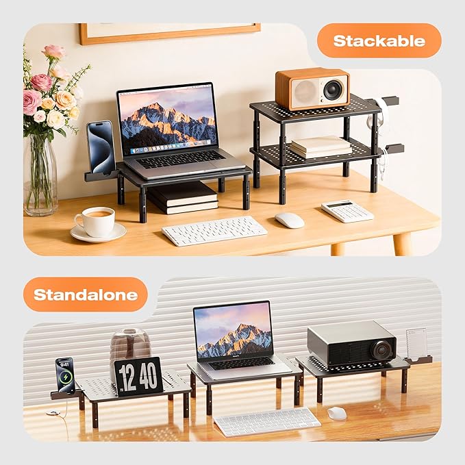 Computer Monitor Stand Riser for Desk, 3 Height Adjustable PC Laptop TV Desktop Monitor Stand Shelf, Metal Printer Table with Phone Holder, Stand Riser for Desk, Office Desk Organizers and Accessories, 2 Pack