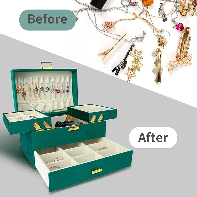 Dajasan Jewelry Organizer Box, Large Velvet Jewelry Boxes for Women Girls, Space-Saving 3 Layers Jewelry Storage Case with Drawer, Movable Metal Stand, Modern, Gift Idea (Green)