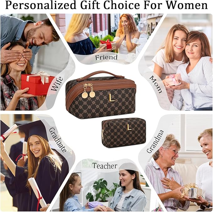 Birthday Gifts for Women Teen Girl, Personalized Initial Makeup Organizer Bag Set, Open Flat Travel Cosmetic Bag With Clear Divider and Handle(Coffee,L)