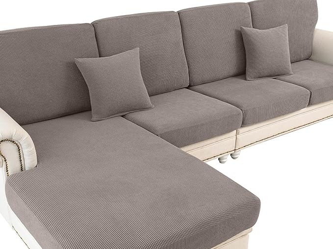Couch Cushion Covers for Sectional Sofa L Shape Washable Separate Seat Chaise Couch Cover Stretch Sofa Slipcovers with 2 Pcs Pillowcases(3 Seater + 1 Chaise, Taupe)