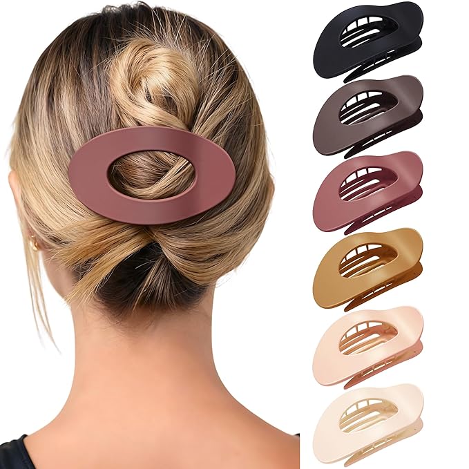 Mesovor 6 Pack Flat Hair Claw Clips, 4.33" Nonslip Large Round Lay Flat Hair Clips | Strong Hold French Flat Hairclips for Lying Down, Yoga, Driving (Orange-red Matte)