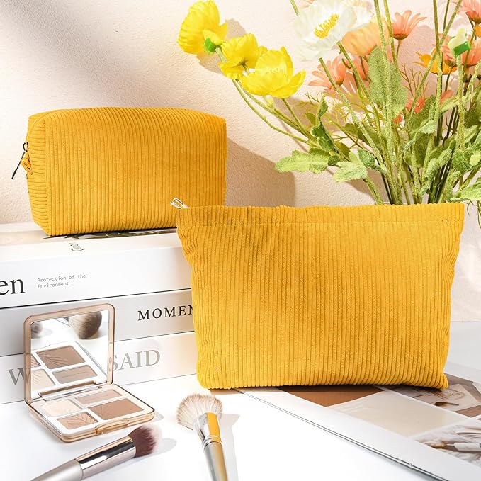 SOIDRAM 2 Pcs Corduroy Makeup Bag Large Cosmetic Bag Toiletry Bag Makeup Pouch Travel Bag Organizer Cute Makeup Brushes Aesthetic Accessories Storage Bag for Women Mustard Yellow