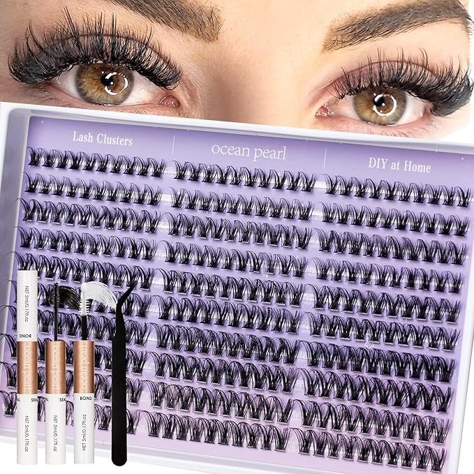 Ocean Pearl Lash Clusters 300pcs 10-18mm Cluster Eyelash Extensions Natural Eyelash Clusters Thin Band Individual Lashes Soft Eyelashes False Eyelashes DIY Lash Extensions Kit with bond and seal-M36