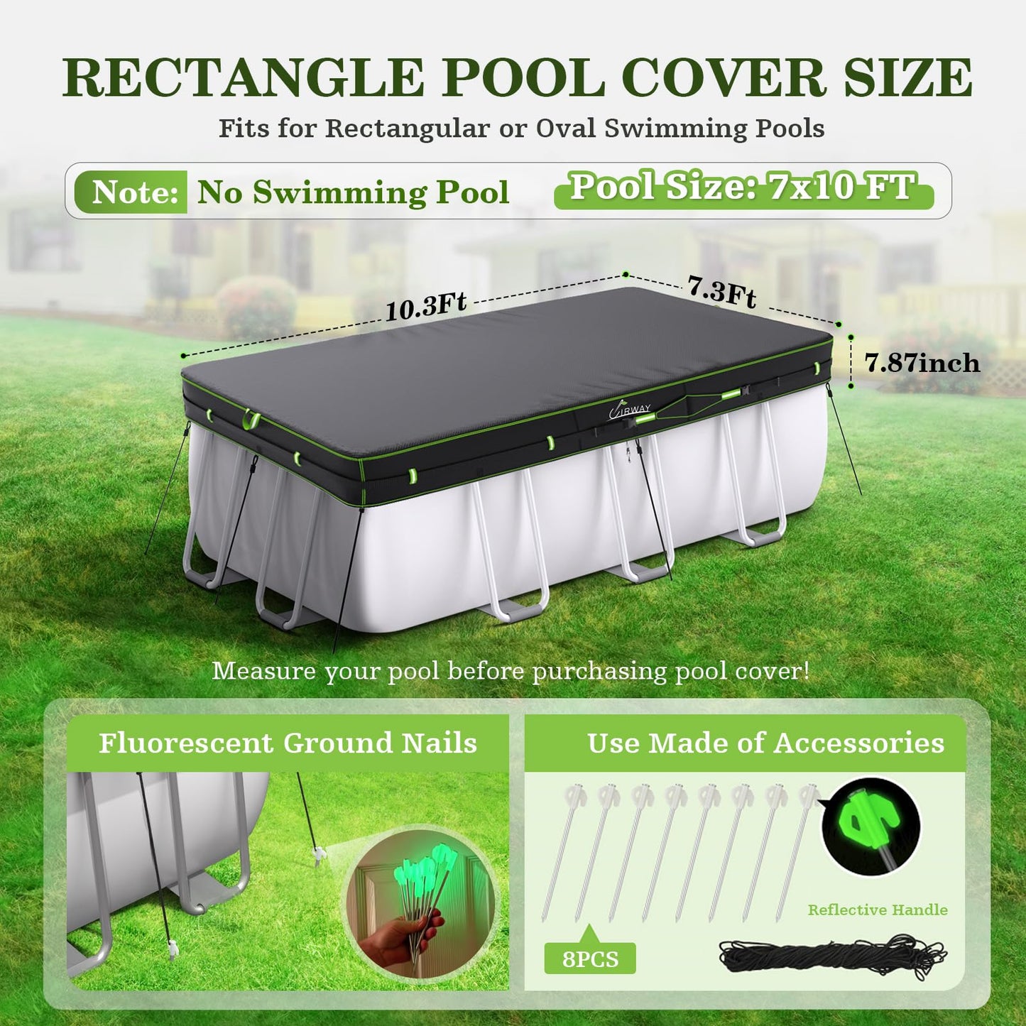 UIRWAY 7x10 FT Rectangular Pool Cover with Reflective Strips, Swimming Pool Covers for Above Ground Pool, Solar Cover Including Rope Tie and Luminous Ground Nails for Rectangular or Oval Pools