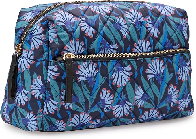 Amazon Essentials Women's Quilted Travel Makeup Bag, Blue Floral, One Size
