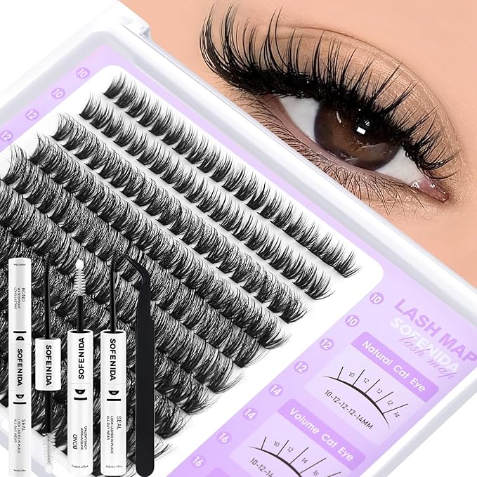 Fluff Lash Clusters Kit 60D Spiky Fluff Lash Cluster 10-18mm Volume Eyelash Clusters D Curvature Cluster Eyelash Extensions 3D Wispy Lash Clusters DIY Lash Extension Kit Lash Bond and Seal&Tweezers