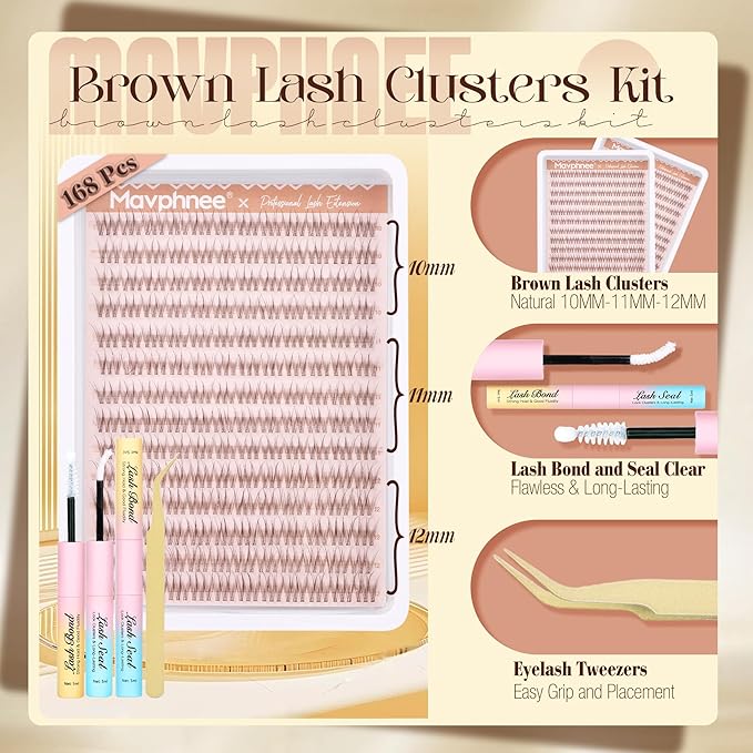 Mavphnee Brown Lash Clusters Kit Natural Cluster Eyelash Extensions Kit 10-12MM Short C-Curly Lash Extension Individuals 168 Pcs DIY Clusters Lashes for Beginners with Bond and Seal Clear