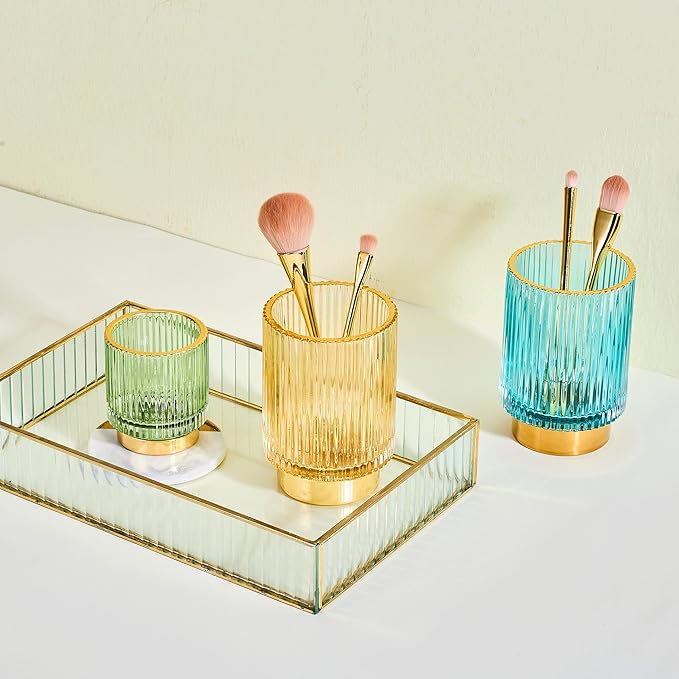 Makeup Brush Organizer, Toothbrush Holder, Desk Pen Pencil Holder, Multifunctional Vintage Glass Brush Cup (S/Green/A3-11-US)