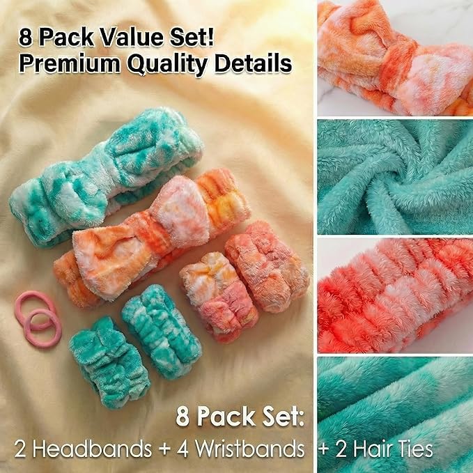 8 Pcs Spa Headband and Wristbands Set for Washing Face, Soft Face Wash Headbands Wrist Bands for Women with Scrunchies, Absorbent Wrist Towels, Makeup Hairband for Skincare, Yoga, and Teen Girls Gifts