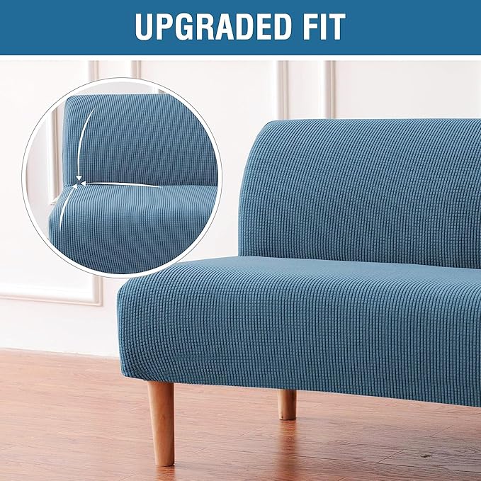 H.VERSAILTEX Armless Futon Cover Stretch Sofa Bed Slipcover Protector Elastic Feature Rich Textured High Spandex Small Checks Jacquard Fabric Futon Cover, Machine Washable, Dusty Blue