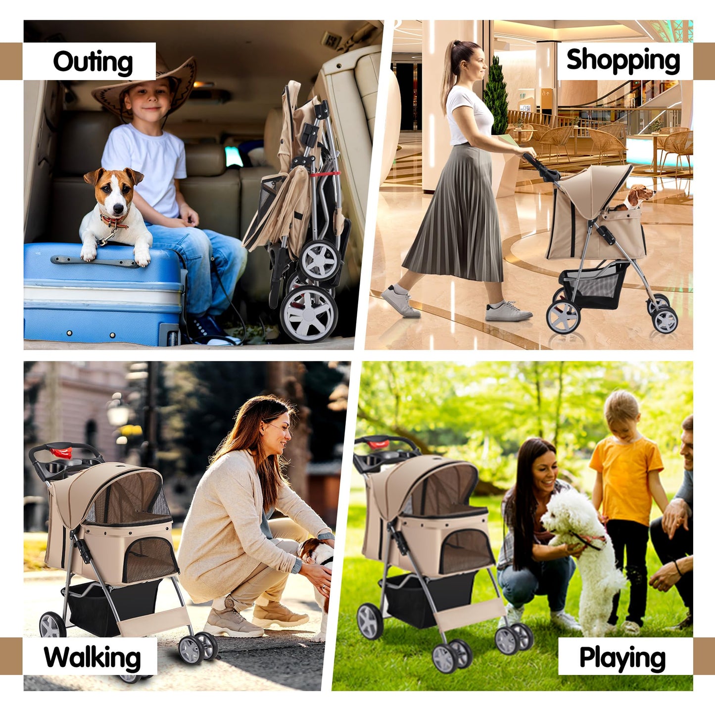 Azaeahom Pet Stroller, 4 Wheels Pet Strolling Cart for Medium/Small Dogs and Cats, Foldable Cat Jogger/Dog Stroller with Cup Holder, Storage Basket, Breathable Mesh, All-Season Pet Carrier, Khaki