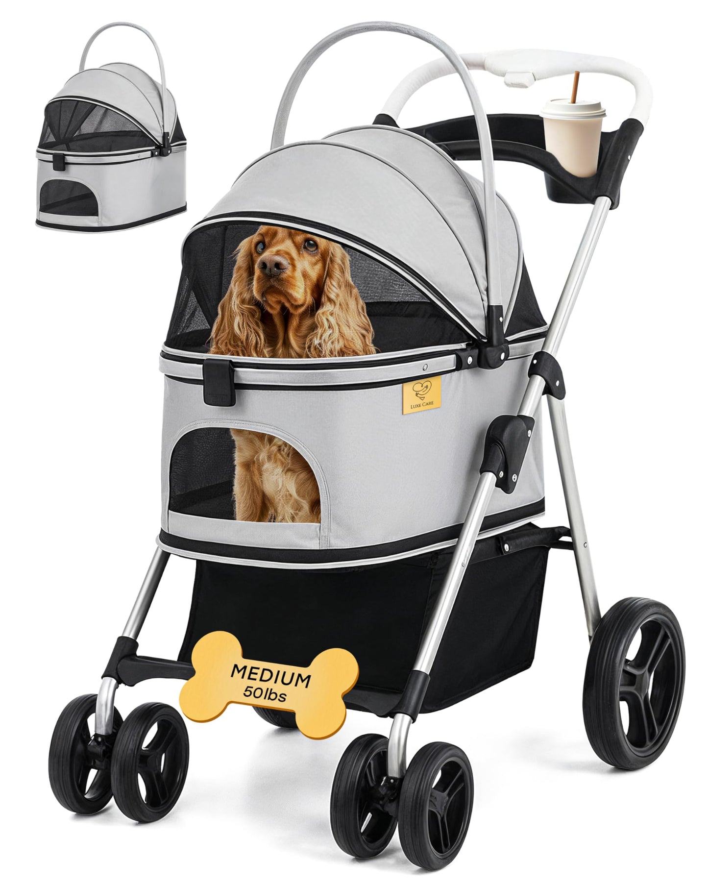 LUXE CARES 4 Wheel Foldable Pet Stroller - Lightweight Dogs and Cats Stroller Upto 50lbs with Mesh Canopy, Storage Basket and Cup Holder, Durable for Walks and Outings (Medium)
