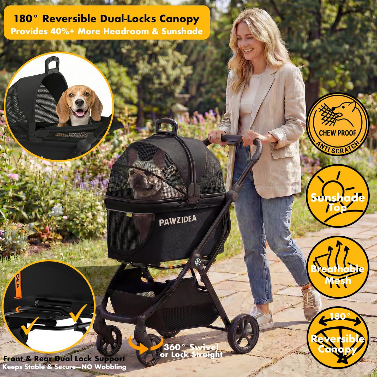 PAWZIDEA 4-in-1 Pet Stroller for Small Medium Dogs & Cats, Foldable Dog Stroller with Detachable Carrier, Escape-Proof No-Zip Canopy, Lightweight Portable Travel Crate & Car Seat Combo, Storage Basket