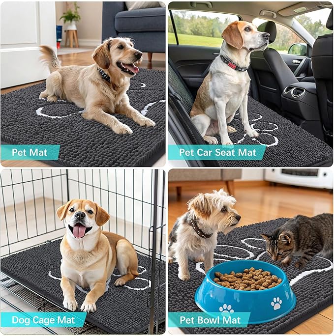 OLANLY Dog Door Mat for Muddy Paws 36x24, Paw Print Design, Absorbs Moisture and Dirt, Absorbent Non-Slip Washable Doormat, Quick Dry Chenille Mud Mat for Dogs, Entry Indoor Entryway Carpet, Dark Grey