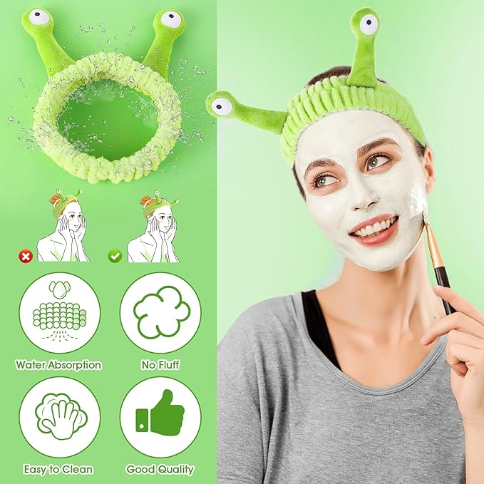 Face Wash Headband, Palm and Snail Spa Hair Bands Makeup Headbands Women Cartoon Cute Coral Fleece Elastic Headband Creative Hair Accessories for Washing Face Shower Sports (Fluorescent Green)