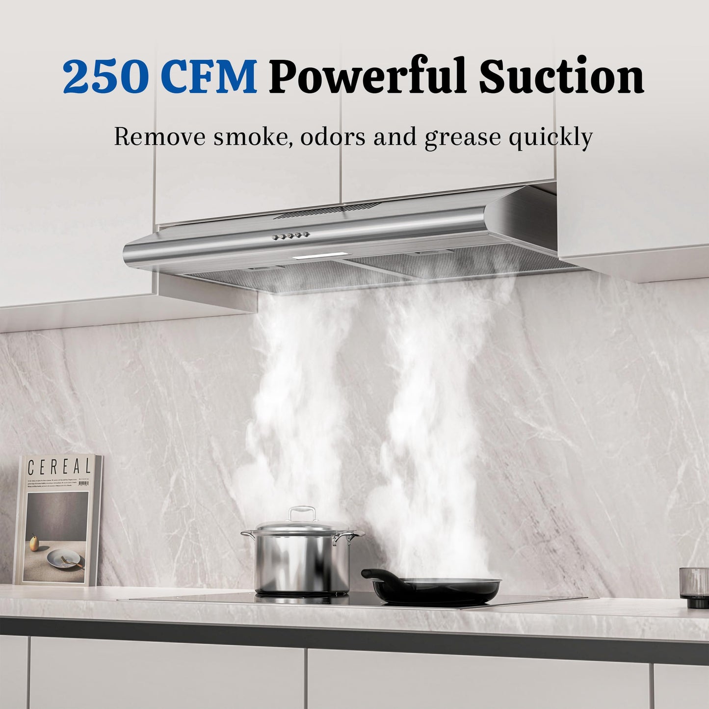 FIREGAS Under Cabinet Range Hood 30 Inch, Ducted/Ductless Convertible Kitchen Vent Hood with 250 CFM, Stainless Steel, 3-Speed Exhaust Fan, Energy-Efficient LED Lights for Stove Ventilation