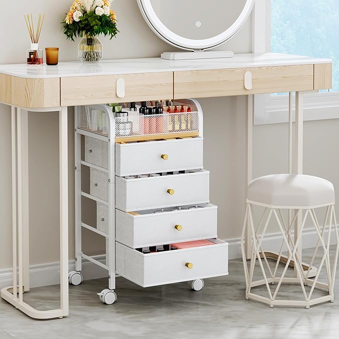 SWTYMIKI Rolling Makeup Organizer Cart - 14.96Ã¢ÂÂ³*11.81Ã¢ÂÂ³*27.55Ã¢ÂÂ³ Widened Under Desk Vanity Storage with 4 Non-woven Drawers, Cosmetic Display Cases for Skin Care Perfume Nail Polish Brush Hair Tool White