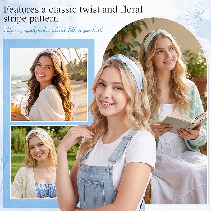 obeoby 8Pcs Floral Headbands for Keep Your Hairstyle, Trendy Knotted Headband for Spring Summer Outfit Non Slip Gifts for Granddaughter