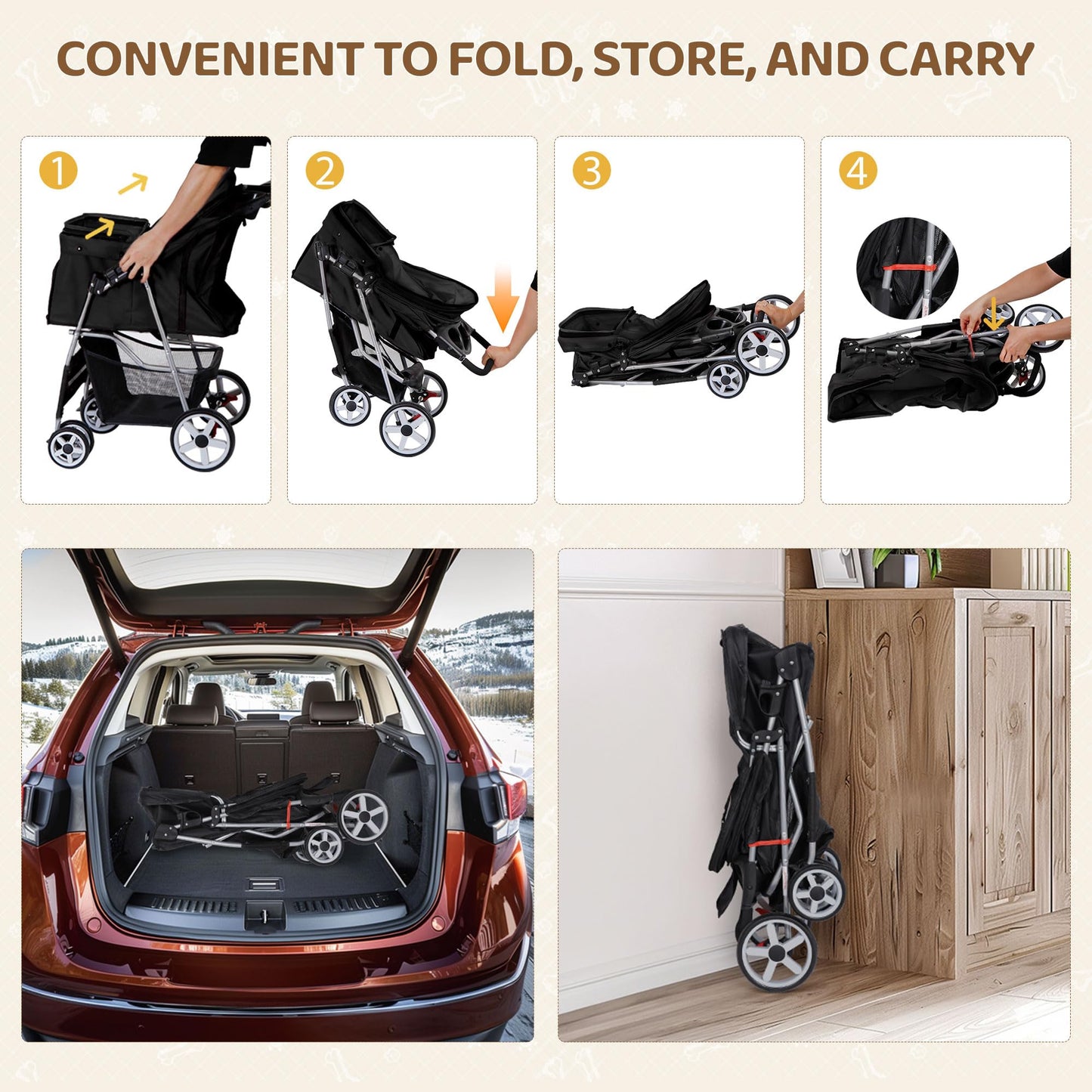 ZENY Foldable Pet Stroller, Cat/Dog Stroller with 4 Wheel, Pet Travel Carrier Strolling Cart with Storage Basket, Cup Holder (Black)