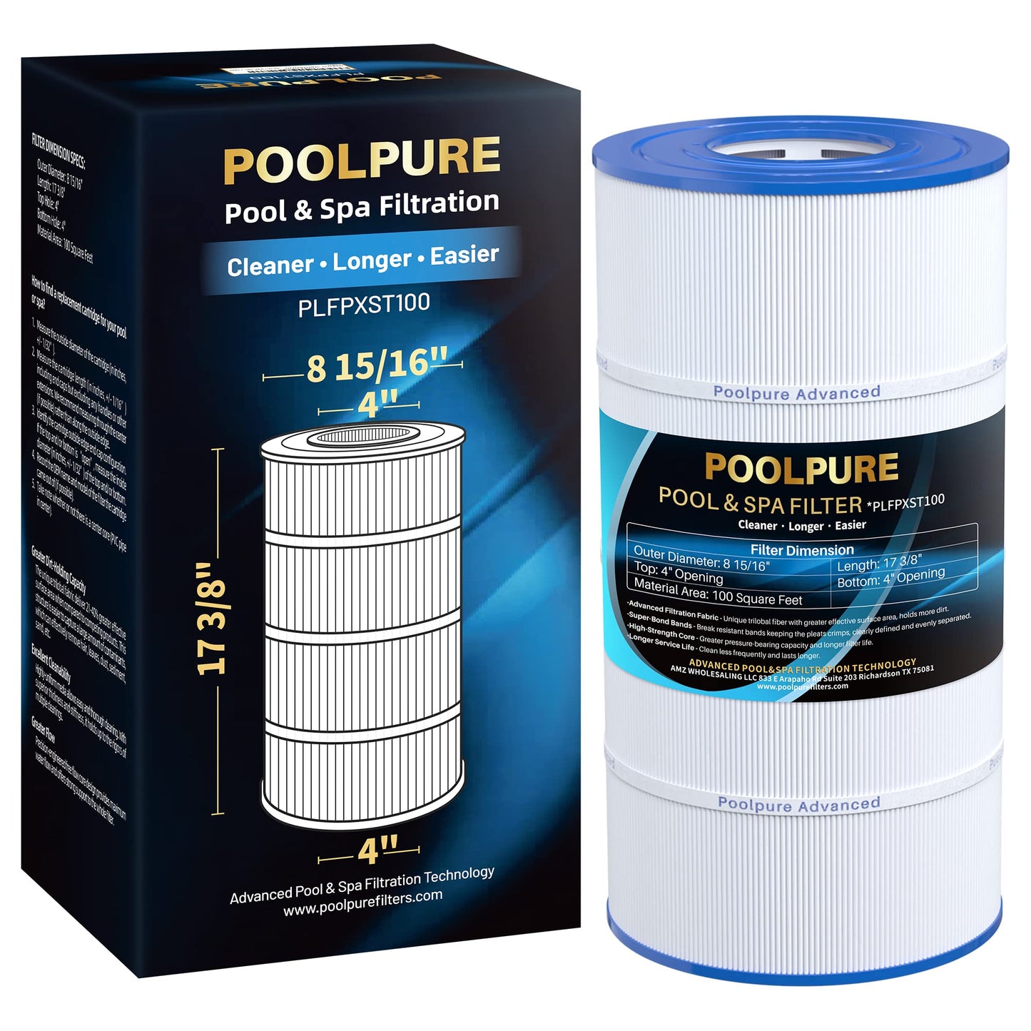 POOLPURE PXST100 Pool Filter Replaces Hayward X-Stream CC1000, CCX1000-RE, Pleatco PXST100, Unicel C-8311, Ultral-B6, Filbur FC-1285, 817-0100N/P, Waterway Pro Clean 100, L x OD: 17 3/8" x 8 15/16"