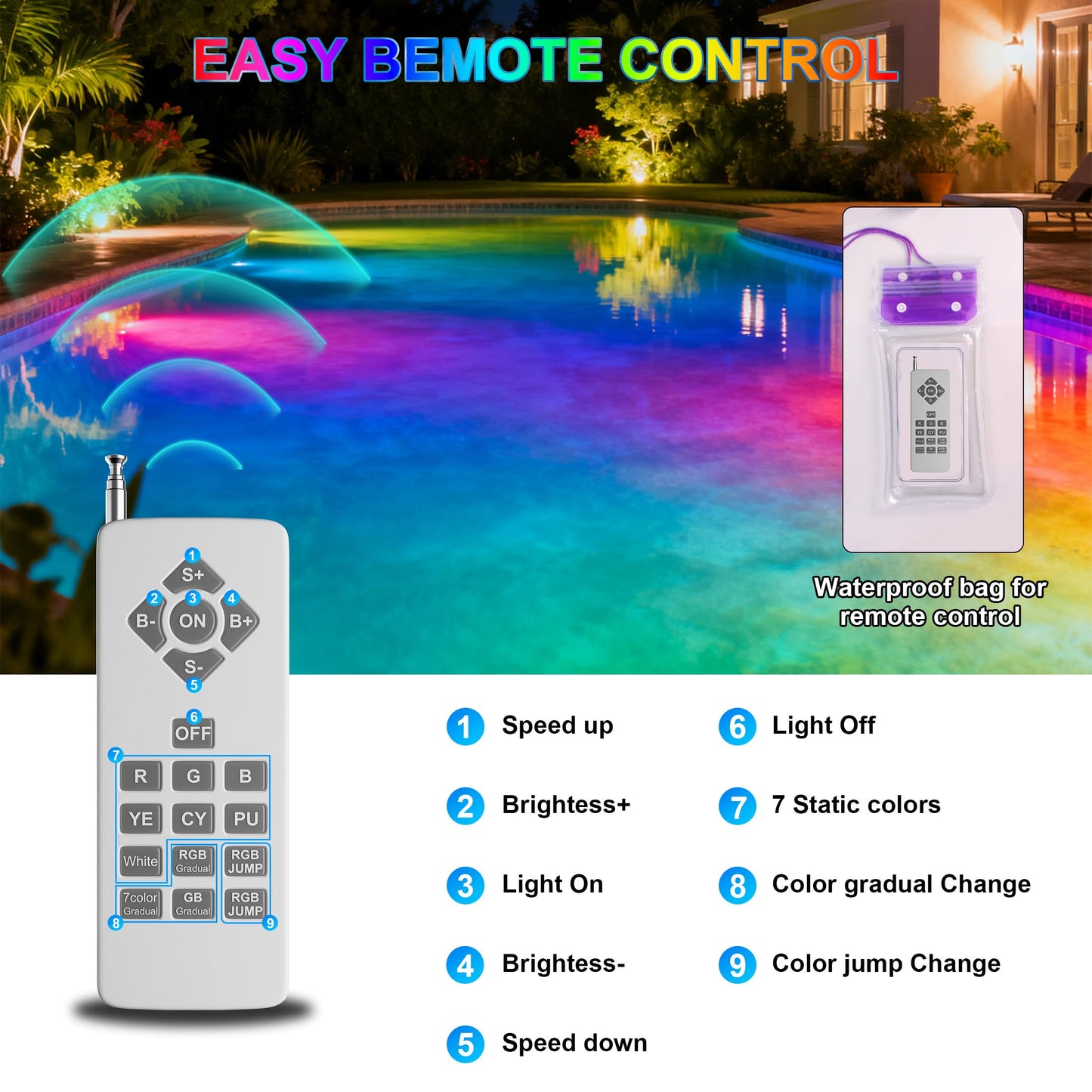 Jadisi LED Pool Light Bulb for Inground Pools – RGBW 70W Swimming LED Pool Lights, 12 Color Modes, Adjustable Brightness & Speed, Remote Control, Energy Efficient, E26 Base