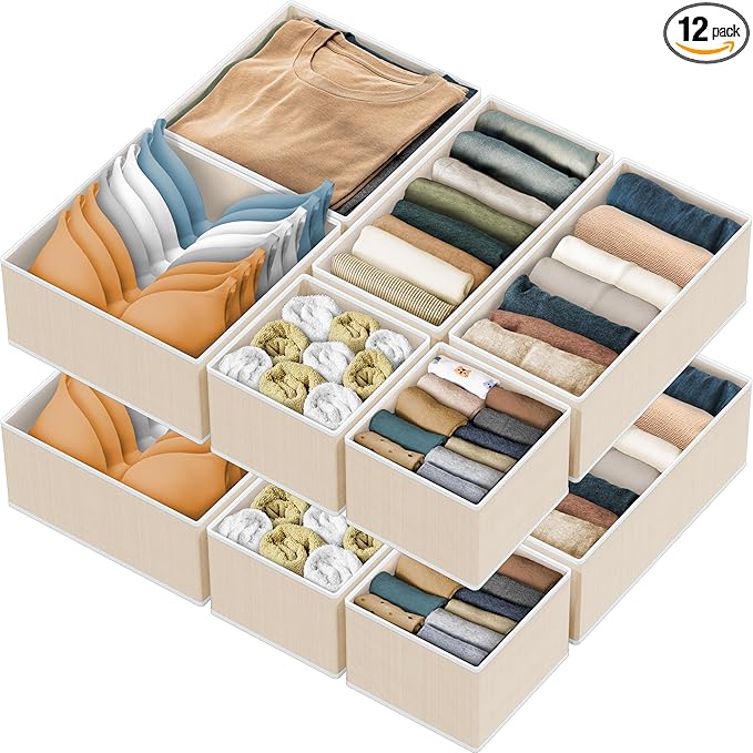 Simple Houseware Foldable Drawer Organizer Set of 12, Beige Ã¢ÂÂ Fabric Storage Bins for Clothes, Underwear, Bra, Panty, Socks, Onesies Ã¢ÂÂ Closet & Dresser Drawer Dividers for Home Organization