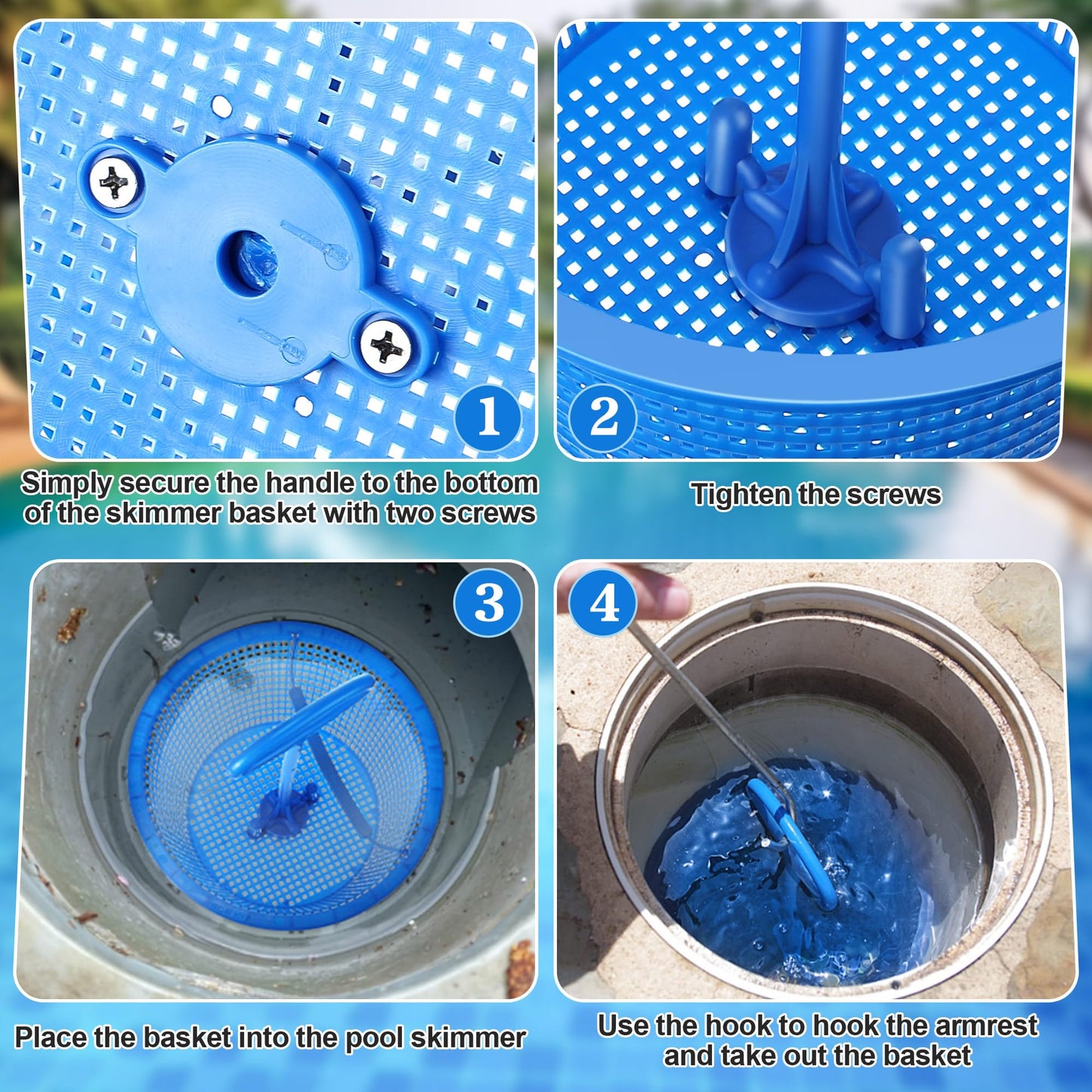 Saillong 2 Set 8" Pool Skimmer Basket for Inground Pool with 2 Skimmer Baskets Handle and 1 Stainless Steel Hook, Blue Universal Pools Filter Basket Skimmers for Debris Removal, Keep Hands Clean