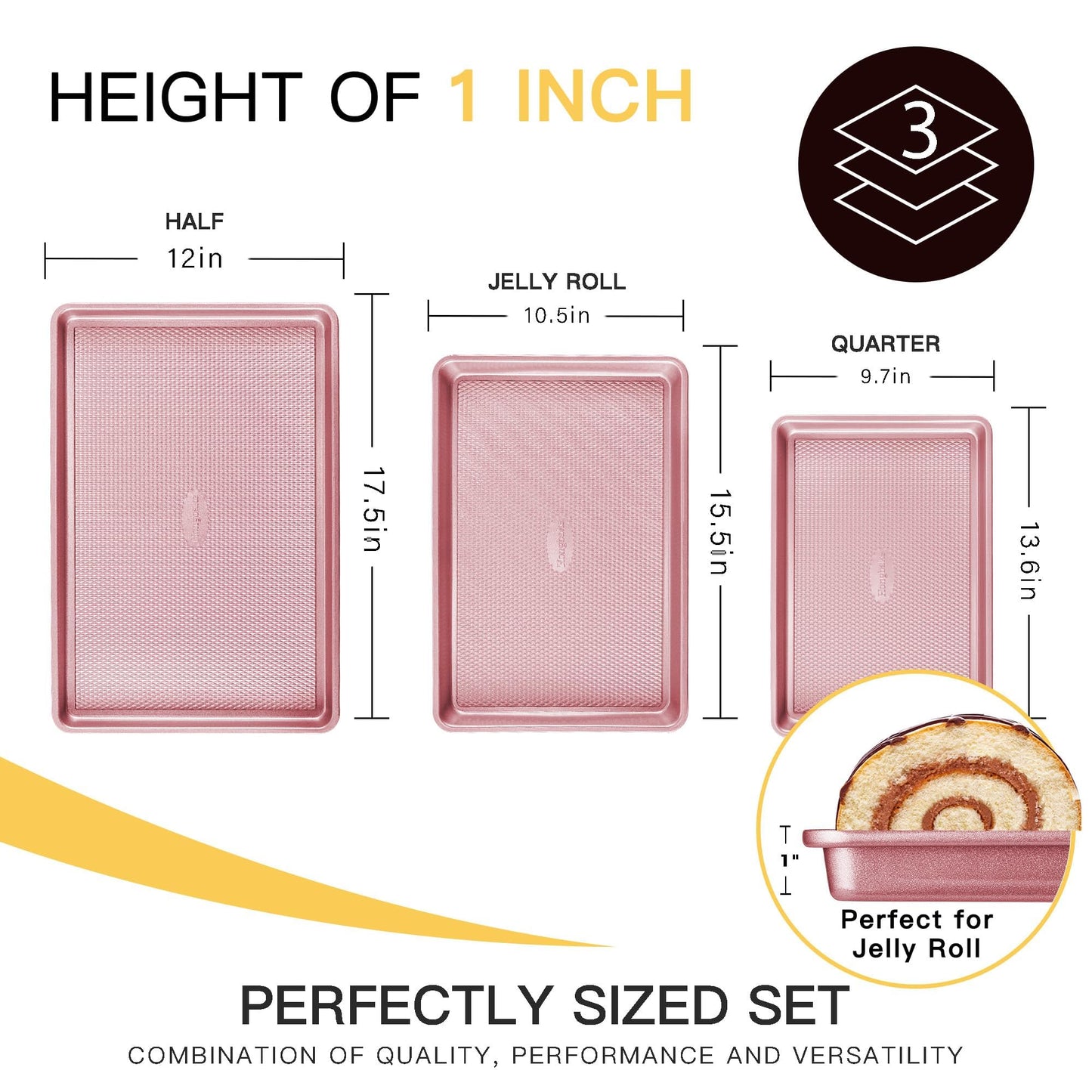 HONGBAKE Baking Sheet Pan Set, Cookie Sheets for Oven, Nonstick Half/Quarter/Jelly Roll Pans with Diamond Texture Pattern, Heavy Duty Cookie Tray, Pink