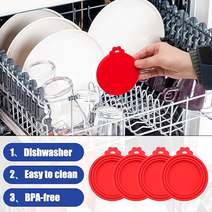 PINE & LINEN 4 Pcs Durable Pet Can Lids,One fit 3 Standard Size Silicone Waterproof Cat Food Cans Lids for 3oz/5.5oz/12.5oz/13.2oz Cat Food Cans（Red）
