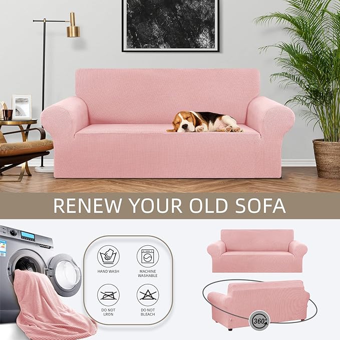 KEKUOU Stretch Loveseat Sofa Cover Slipcover,Couch Covers for 2 Cushion Couch Sofa (55"-78") Furniture Protector Sofa with Elastic Bottom for Kids,Dog. Jacquard Small Checked (Medium,Dusty Pink)