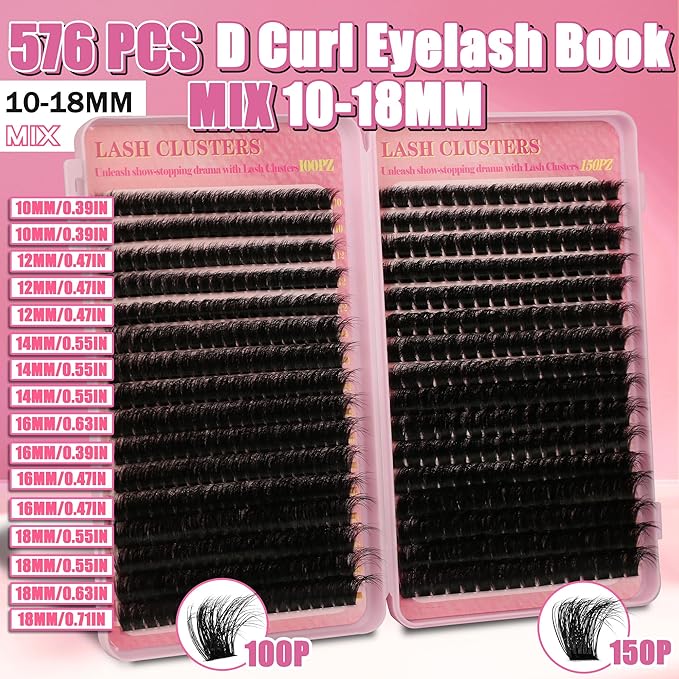 Lash Clusters Kit 560Pcs Cluster Eyelash Extensions Volume 100D 150D Eyelash Clusters D Curl Lashes Clusters DIY Individual Lash Clusters Eyelash Glue Lash Tweezers