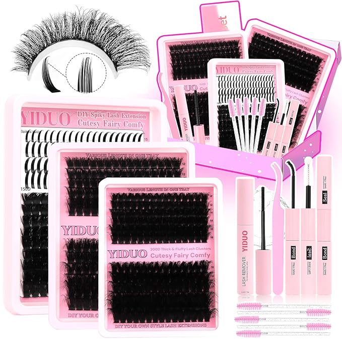 YIDUO 150D+200D Lash Clusters Kit with Glue and Removers, 575Pcs Volume Thick+Spiky Lashes Extension, 12-21mm Thick Extension Eyelashes DIY Individual False Eyelash Kit DIY at Home Easily