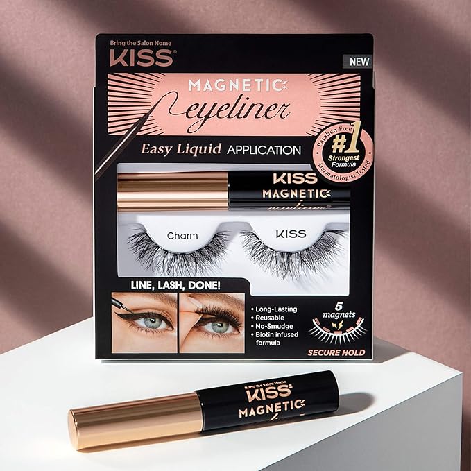 KISS Magnetic False Eyelashes and Eyeliner, ‘Charm’, 12mm, Easy to Apply, Reusable, No Glue, Flexible Band, Precision Felt Tip, Fortified Formula, 1 Pair Strip Lashes
