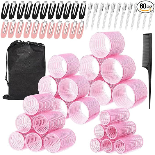 60 Pcs Hair Rollers for Women, Rollers Hair Curlers, 24 Pcs in 4 Sizes(60/48/36/25mm), Self Grip Hair Rollers Set with 34 Pcs Stainless Steel Clips for Long, Medium, Short, Storage Bag, Comb