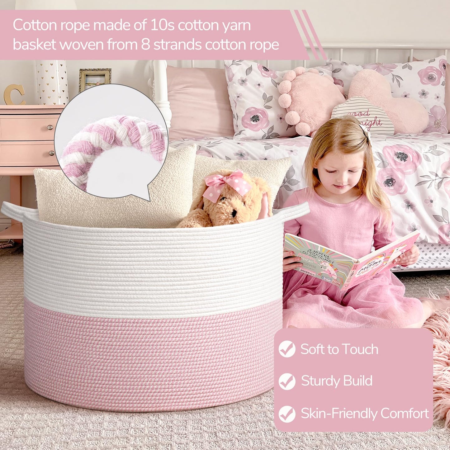 INDRESSME 115L Extra Large Pink Laundry Basket for Nursery Stuffed Animal Storage, Blanket Rope Baby Baskets Kids Toy Organizer Dorm Room Essentials for Girls, Pink
