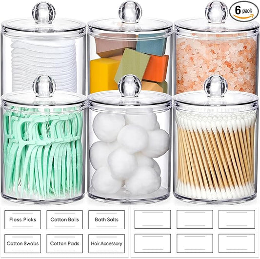 AOZITA 6 Pack Acrylic Qtip Holder Dispenser for Cotton,Swab, Ball, Round Pads, Floss Picks - Clear Plastic Apothecary Jar Set, Bathroom Canister Storage Organization, Vanity Makeup Organizer