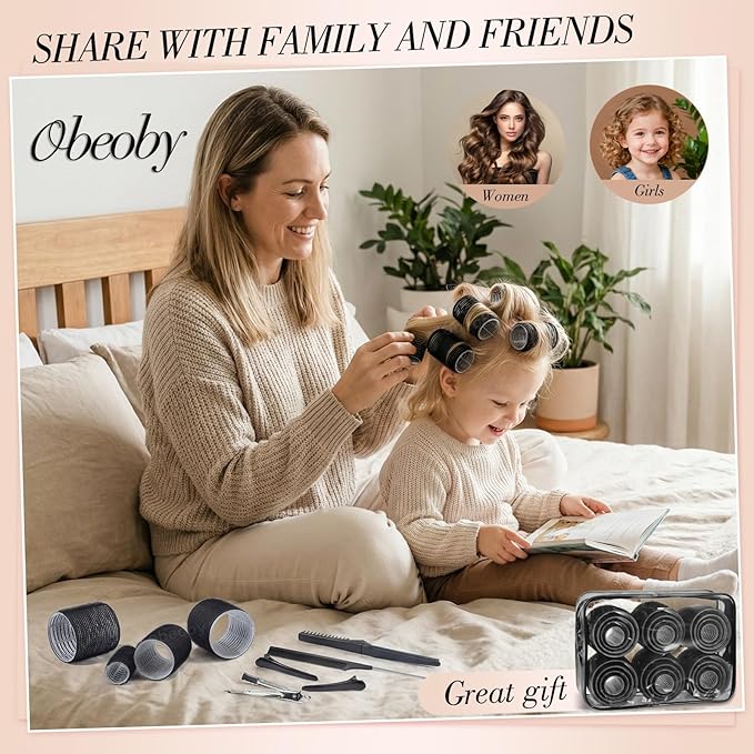 Obeoby 4 Sizes Hair Rollers for Women, Hair Curlers with Clips Comb Curlers for Long Short Curly Hair and Bangs (25, 36, 48, 60mm), Black