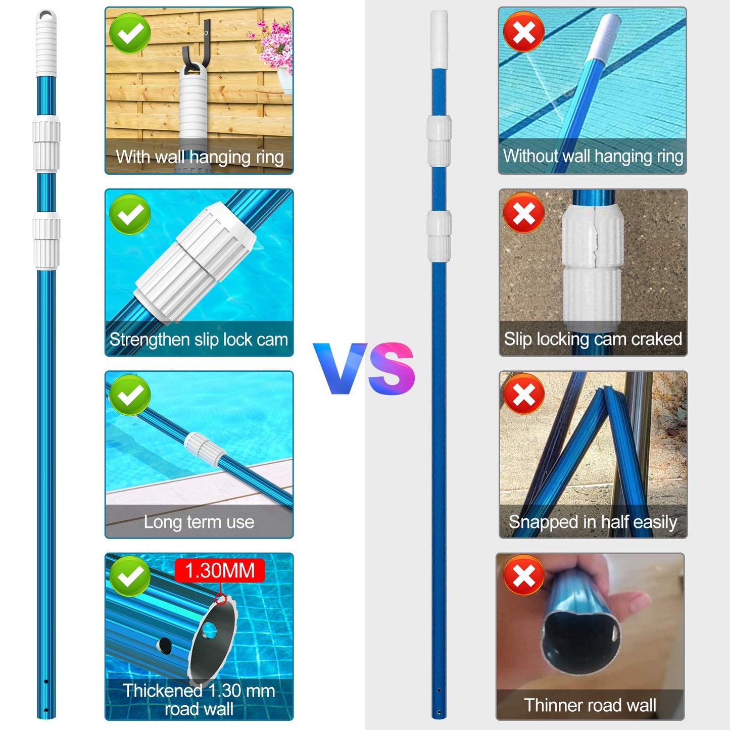 CKE Upgraded 12 Feet Thicken 1.3mm Blue Aluminum Telescoping Swimming Pool Pole,Adjustable 3 Piece Expandable Step-Up,Attach Connect Skimmer Nets,Rakes,Brushes,Vacuum Heads with Hoses, Universal 1.25"