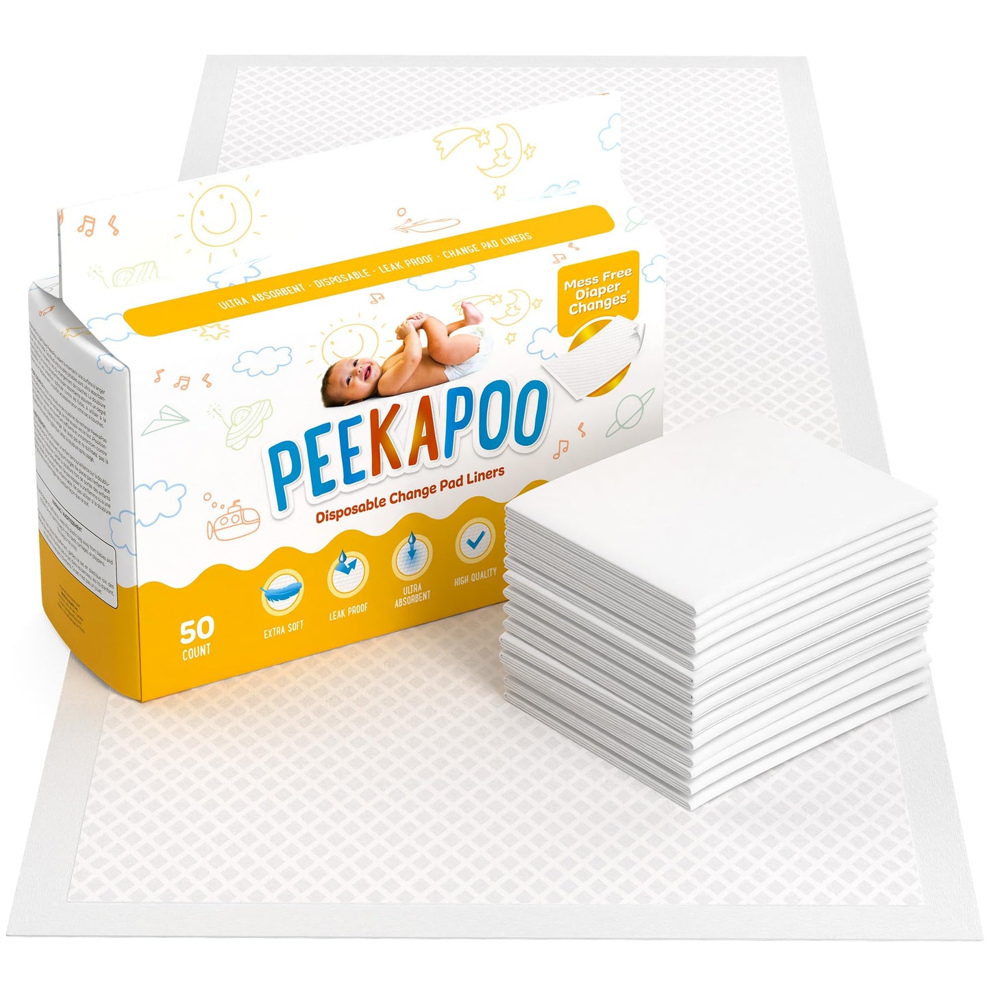 Peekapoo - The Original Disposable Baby Changing Pad Liners – 100 Pack | Super Soft, Waterproof, Ultra Absorbent | Portable, Travel-Friendly, Mess-Free Diaper Changes Anywhere