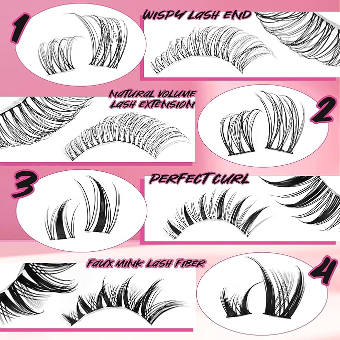 Wispy Lash Clusters Kit Natural Lashes Clusters Fairy Manga Lash Clusters Wet-Look Spiky Anime Lashes Pack 392 Pcs C/D Curl Individual Lashes Lash Bond and Seal Lash Tweezers