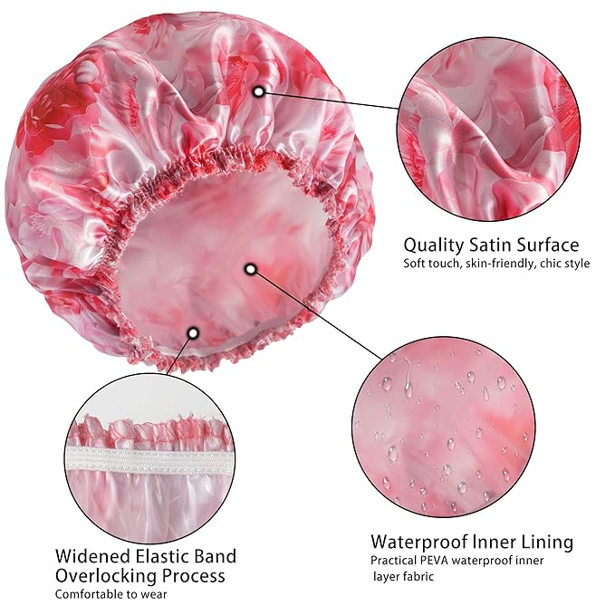 4 PCS Shower Caps for Women, 3D Printing Bath Caps, Double Layers Shower Cap Reusable Waterproof, Bathing Shower Caps, Environmental Protection Hair Bath Hat - Flower