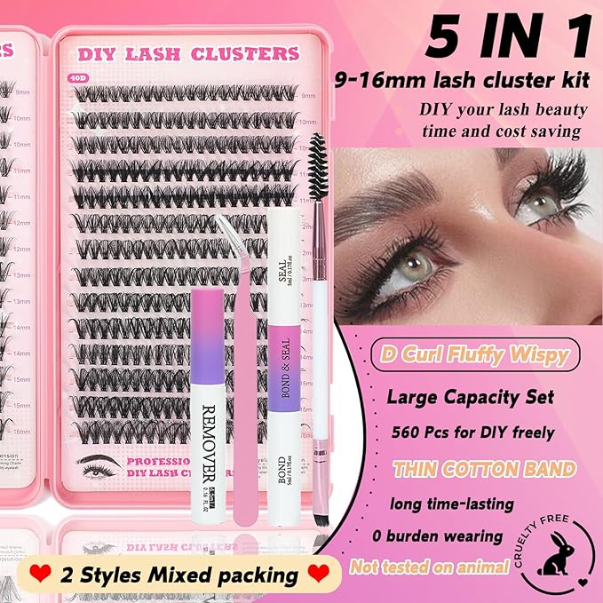 Lash Clusters Kit, 560 Pcs Eyelashes Clusters Kit 9-16mm Individual Lash Extension Kit D Curl Fluffy Wispy False Eyelashes (30D+40D, Lash Clusters Kit)