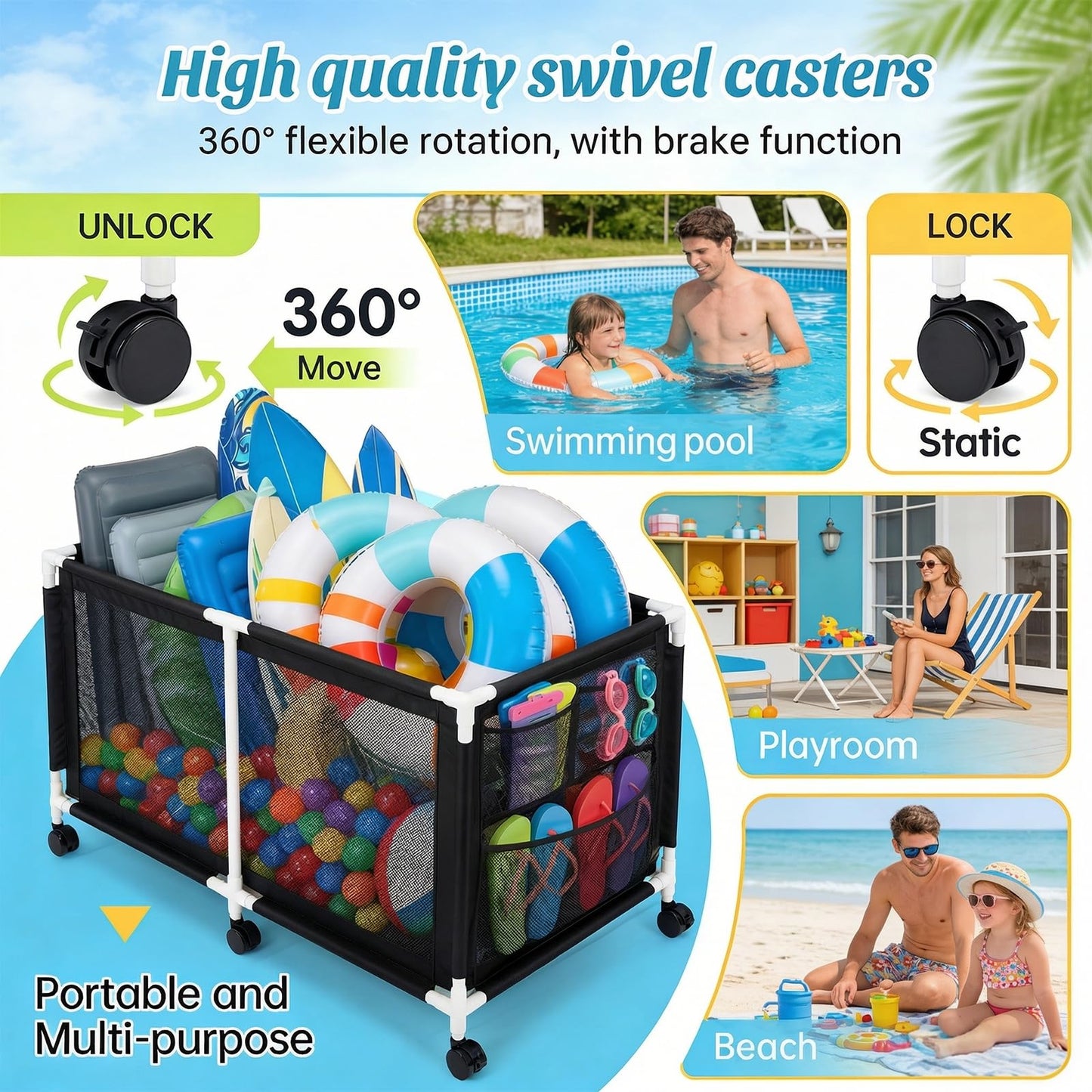 280 Gallon 69" Pool Storage Bin XXL Extra Large Swimming Pool Float Storage Bin, Pool Noodles Holder, Toys, Floats, Balls and Floats Equipment Mesh Rolling Bin for Garden Lawn, 69" Lx32 Wx35 H (Black)