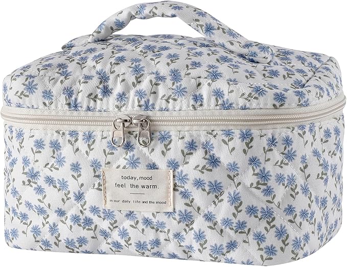 uekeboag Large Travel Quilted Makeup Bag for Women, Floral Cotton Cosmetic Bag, Coquette Aesthetic Floral Toiletry Organizer Bag