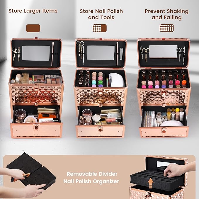 Makeup Train Case Professional Makeup Organizer Case with Drawer Mirror Extra Large Makeup Manicure Accessory with Dividers Travel Cosmetic Case for Cosmetologist Nail Tech Kits Makeup Case Rose Gold