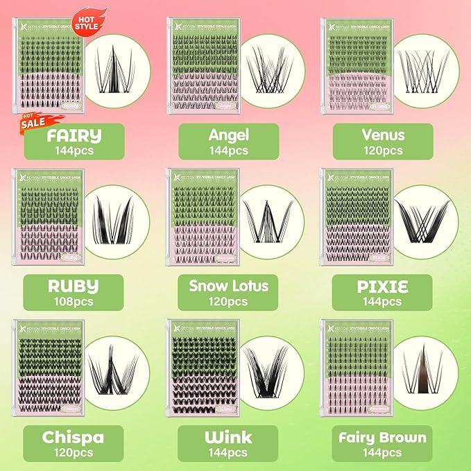 KEYYOU Venus Lash Clusters Kit Fairy Lash Extension Kit C Curl 120Pcs Eyelash Extension Wispy Natural Invisible Band with Waterproof DIY at Home(Venus-C-8-16MIX)