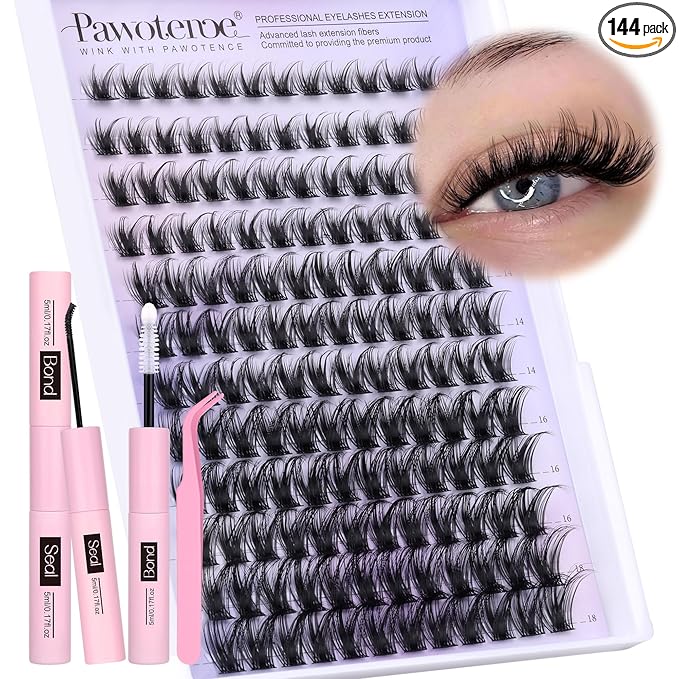 Pawotence Lash Clusters Kit Wispy Lash Extension Kit 10-18mm Cluster Eyelash Extensions Kit Individual Lashes 144pcs Eyelash Clusters with Lash Bond and Seal, Lash Tweezers for Self Use