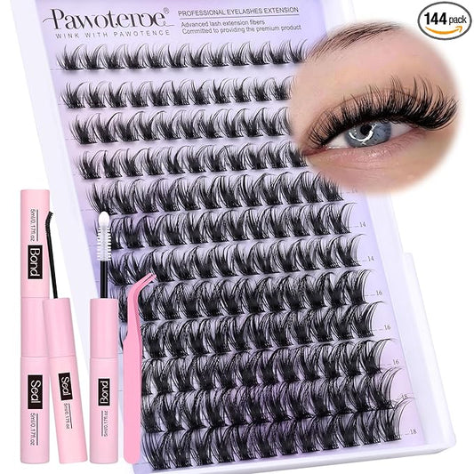 Pawotence Lash Clusters Kit Wispy Lash Extension Kit 10-18mm Cluster Eyelash Extensions Kit Individual Lashes 144pcs Eyelash Clusters with Lash Bond and Seal, Lash Tweezers for Self Use
