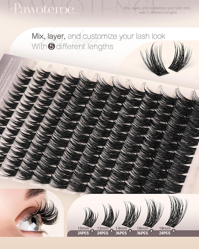 Pawotence Manga Lash Clusters 10-18mm Eyelash Clusters 144pcs Cluster Eyelash Extensions Anime Cluster Lashes Individual False Eyelashes for DIY Lash Extension